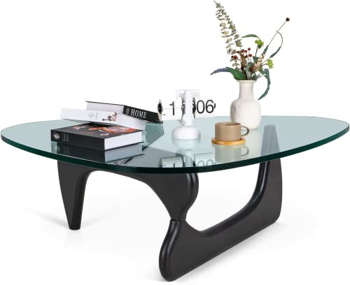 Noguchi Table basse en verre triangulaire Table d'extrémité en verre vintage, base en bois massif et plateau en verre transparent Table d'extrémité moderne pour le salon, le patio ou le bureau.