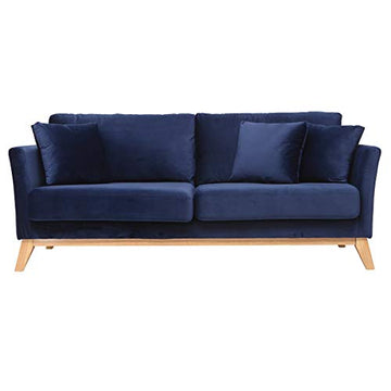 Canapé scandinave 3 Places Velours Bleu Nuit Pieds Bois Oslo