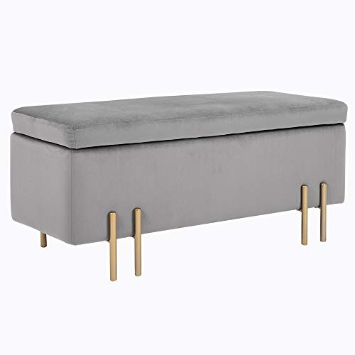 HOMCOM Grand Pouf Coffre de Rangement Design Contemporain- Banc avec Espace de Rangement - dim. 100L x 40l x 42H cm - Velours Gris Clair piètement métal doré