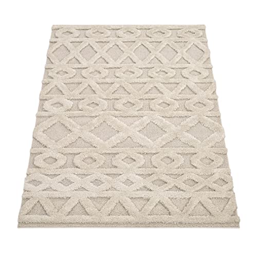 Paco Home Tapis Poils Longs Tapis De Salon Tapis Shaggy Aspect 3D Ethnique Boho Look Vintage Doux, Dimension:200x280 cm, Couleur:Crème