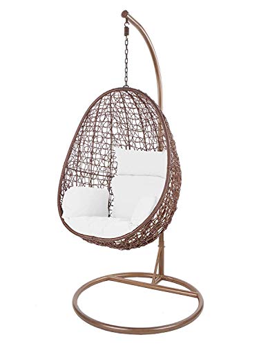 Kidio Indoor & Outdoor Swing Chair, Poly Rattan Lounge Chair, Hanging Chair, Hanging Chair with Frame and Cushions (Brown/White)