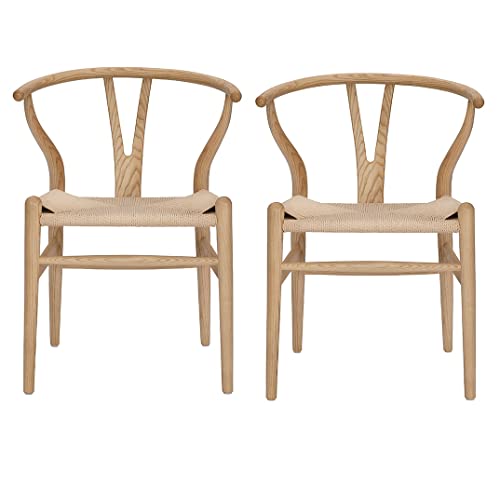 Tomile Wishbone Chaise en Y - En bois massif - Avec rotin - 2 chaises pour cuisine, salle à manger - Bois de frêne naturel