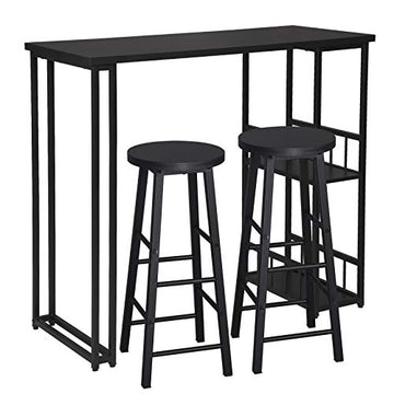 WOLTU 1 X Table de Bar avec 2 tablettes + 2 X Tabourets de Bar Structure en métal Plateau en MDF,Noir BT25sz+BH130sz-2