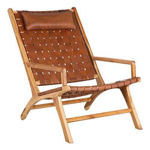 Tousmesmeubles Fauteuil Teck/Cuir tressé Cognac avec Coussin - Essaouira - L 66 x l 97 x H 90 - Neuf