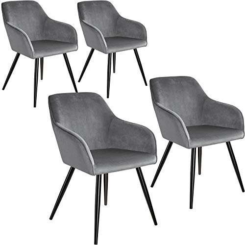 TecTake 800866 Lot de 4 Chaises de Salle à Manger Effet Velours Scandinave Pieds en Acier Noirs Élégant avec Accoudoirs – Diverses Couleurs (Gris)