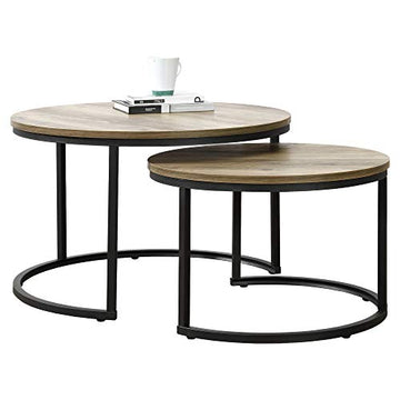 [en.casa] Set de 2 Tables Basses Rondes Gigognes Table de Salon Panneaux de Particules Métal Couleur Bois Noir Tailles