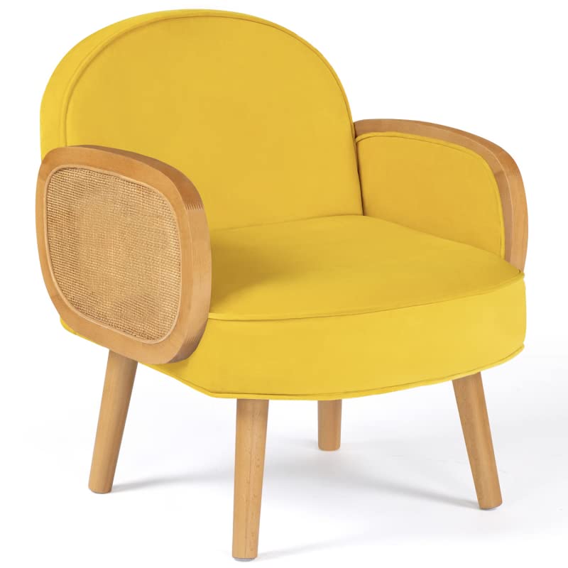 IDMarket - Fauteuil Elina en Velours Jaune et cannage