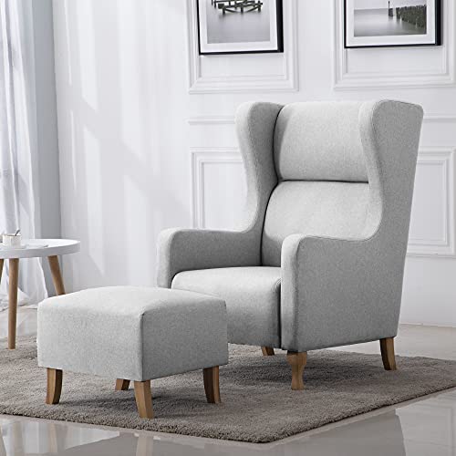 MCombo Fauteuil à Oreilles avec Tabouret + Coussin, Fauteuil TV, Fauteuil Relax, Fauteuil rembourré pour Salon, Tissu, 7266 (Gris)