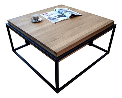 Lumarc GORIZIA Table de salon en bois massif de chêne naturel au design moderne industriel minimaliste, chêne clair, carré, 75 x 75 x 42 cm