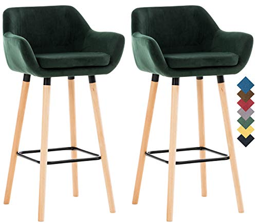 Lot De 2 Tabourets De Bar Grant en Velours I Chaise Haute De Bar Et De Cuisine I Assise Et Dossier Rembourrés I Empiétement en Bois, Couleur:Vert