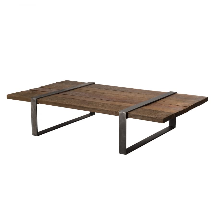 MACABANE LEONCE - Table Basse Multi-Planches Marron Bois Massif cerclée métal Gris Anthracite