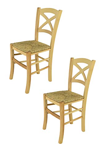 t m c s Tommychairs - Set 2 chaises Cross pour Cuisine, Bar et Salle à Manger, Robuste Structure en Bois de hêtre peindré en Couleur Naturelle et Assise en Paille