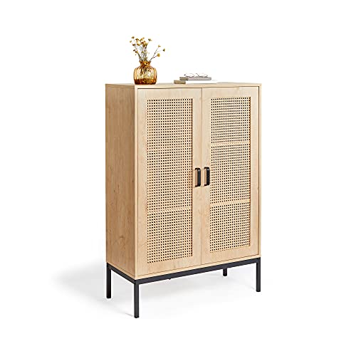 VonHaus Buffet Haut en rotin – 2 Portes, 3 tiroirs avec poignées en métal Noir – Bibliothèque, étagère en Vinyle, Armoire à Boissons, Meuble de Rangement pour Chaussures – Chambre à Coucher, Salon