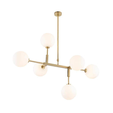 Dsrgwe Lustre Suspension Salon, Lustre en Verre à 6 Ampoules, Laiton satiné avec Globes Blancs, plafonnier de Branche de molécule Magique for Salle à Manger