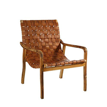 Tousmesmeubles Fauteuil Teck/Cuir tressé Cognac - Essaouira - L 71 x l 66 x H 90 - Neuf