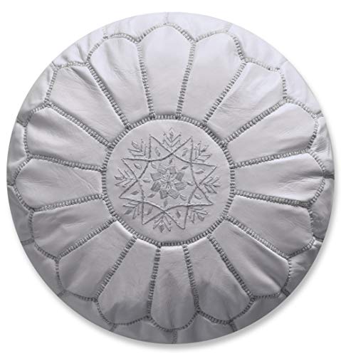 Pouf Artisanal Marocain en Cuir Véritable Fait Main - Vendu Rembourré - Repose-Pied, Coussin de Sol, Ottoman (Blanc)