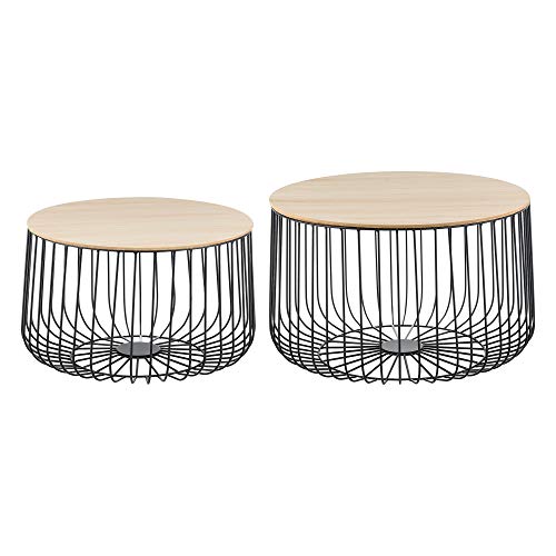 [en.casa] Lot de 2 Tables Basses Design Tables de Salon de Tailles Différentes Paniers à Plateaux Amovibles Métal MDF Noir Chêne Clair