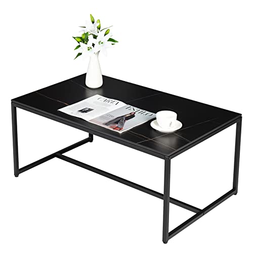 FATIVO Table Basse Marbre de Salon: Table Café Industrielle Rectangulaire Design Table Basse Noir Moderne Scantinave en Pierre Frittée Grand Plateau pour Salon Bureau Café - Noir 100x60x43cm