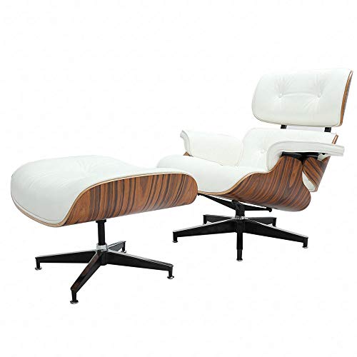 Chaise longue mi-siècle et pouf - Version plus grande - En cuir de fleur - Chaise moderne moderne - En bois massif - Mise à niveau 1 - Noyer crème