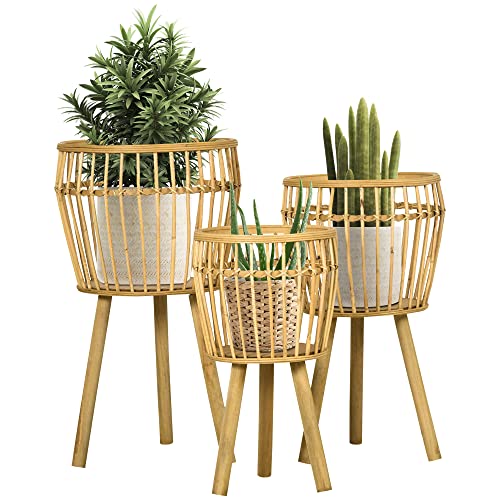 Outsunny Lot de 3 supports cache-pots à plantes lot de 3 étagères à fleurs support pots de fleurs sur pied trépied en bois et résine tressée rotin - bois naturel