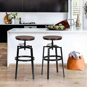 Lot de 2 Tabourets de Bar, Chaise De Bar, Industriel Tabouret de Bar, Hauteur Réglable en Bois de Métal Design Bistro Pub Chaise avec Repose-Pieds, Piètement en Fer, Pivotant à 360°