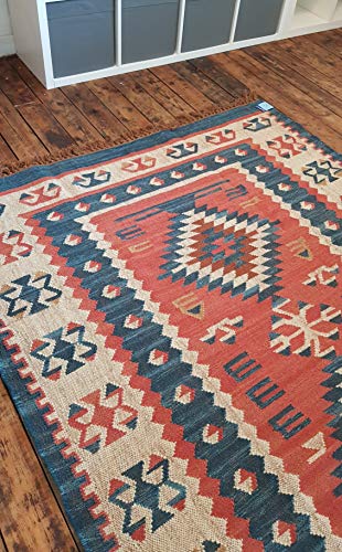 Tapis Kilim Kilim noué à la main rouille, bleu et ivoire 100% laine 120x180cm