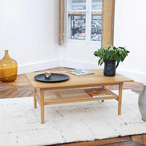 DECOCLICO Table plaqué chêne cannage en rotin