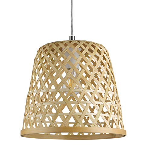 Eglo Suspension Kirkcolm 1 lampe suspendue Vintage Naturel Boho Hygge Suspension en Acier Corbeille Bois Tressé Naturel Lampe de Table de Salon Suspension avec Culot E27