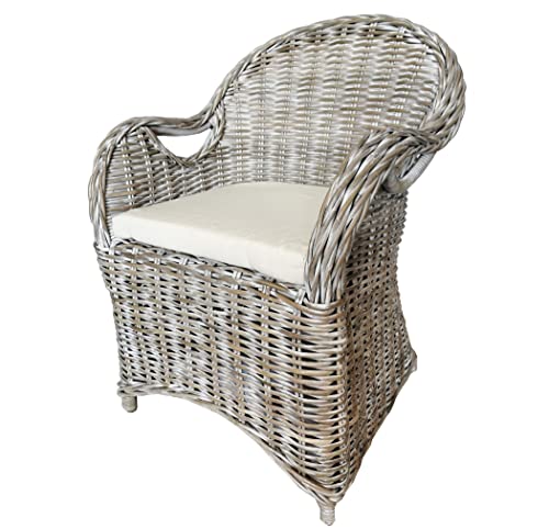 KMH Joli fauteuil en osier Athènes (blanc) avec structure en bambou robuste – Avec coussin d'assise