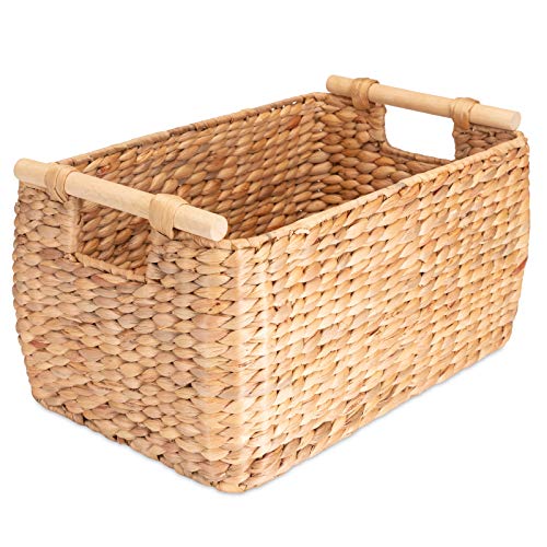 Decoracian Woven Water Hyacinth Storage Basket - Tall Narrow Seagrass with Wooden Handle