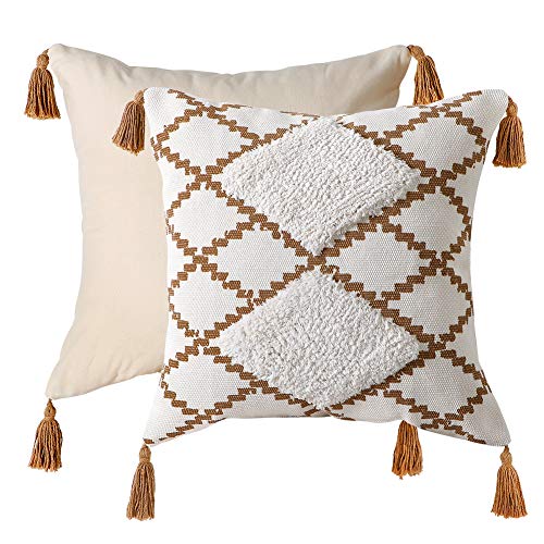 LOMOHOO Housses de Coussin décoratif pour canapé-lit, taies d'oreiller carrées en Coton avec Pompons, Oreiller de Coussin Boho pour Salon, 18 x 18 Pouces café (1pc) (Coffe)