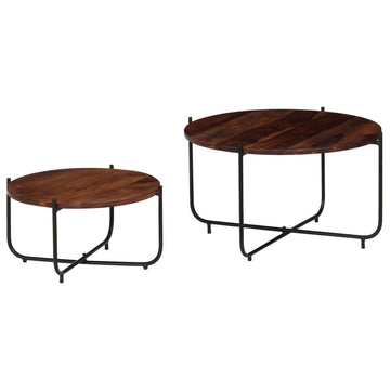 Tidyard Table Basse Gigognes 2 pcs | Table Basse Industrielle | Table Ronde en Bois de Sesham Massif 60 x 35 cm