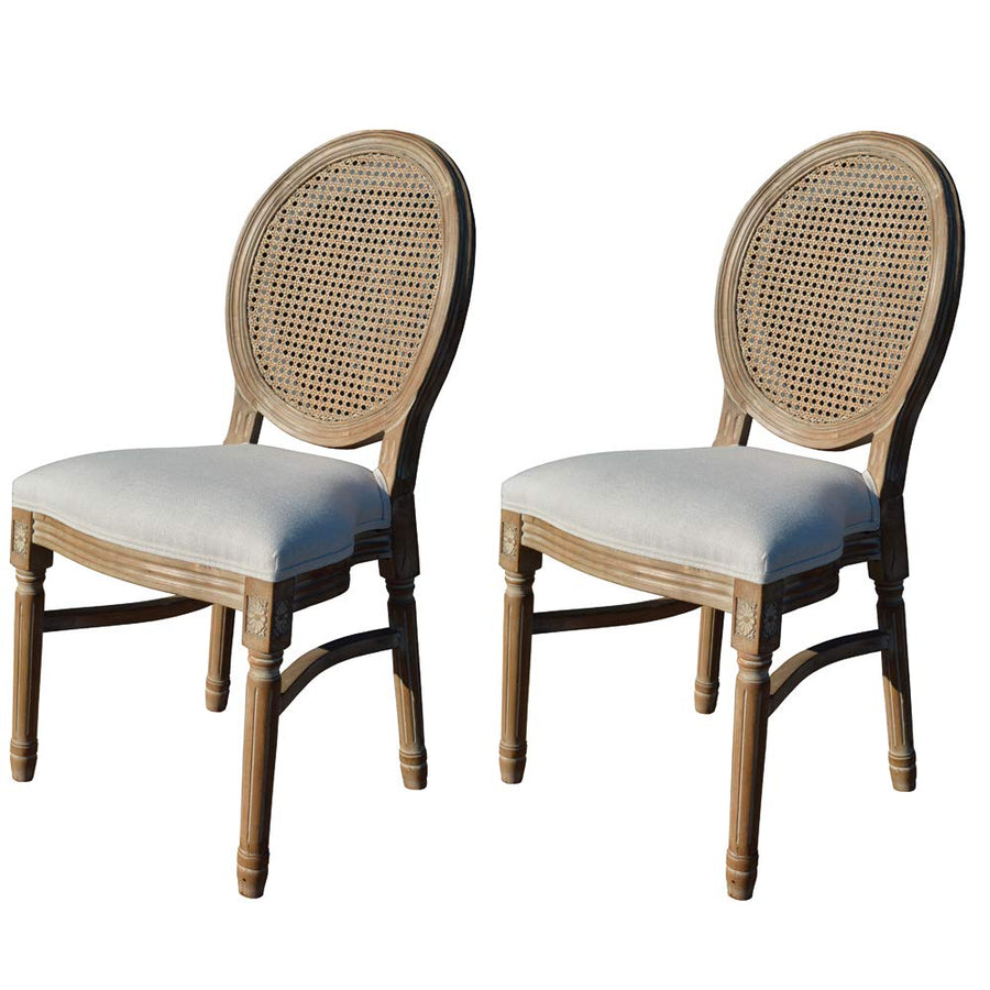 EME Mobilier de Chaise médaillon Style Luis XVI en Bois de Bouleau Massif Vieilli Contient Deux unités de chaises. Dossier en rotin Naturel. Assise rembourrée en Lin Beige. Empilable.