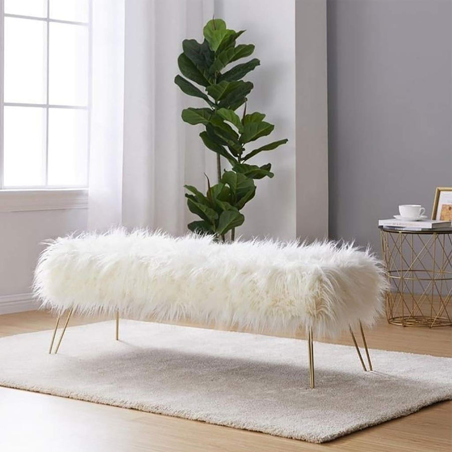 Moderne contemporain Ottoman/Banc en fausse fourrure longue Lit Fin Tabouret Tabouret Repose-pieds Tabouret/Siège avec pieds en métal d'or - 80 cm L x 45 cm L x 42 cm H (Color : Blanc)