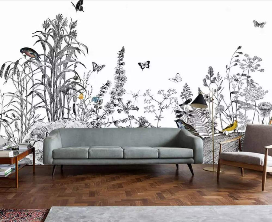 Papier Peint 3D Papillon Noir Et Blanc Reed Bird Jardin Dessiné À La Main Peinture Amovible Sticker Mural Home Decor Art