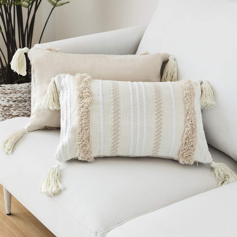 Lomohoo - Taie d'oreiller moderne simple touffeté à pompons géométriques tricotés pour décoration d'intérieur, beige uni, Coton, beige, 30cm x 50cm