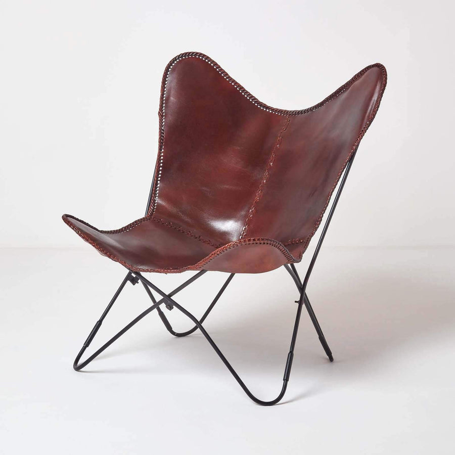 Homescapes Fauteuil Papillon en Cuir véritable Marron et métal, Chaise de Bureau Vintage, Fauteuil rétro, 88 x 77 cm