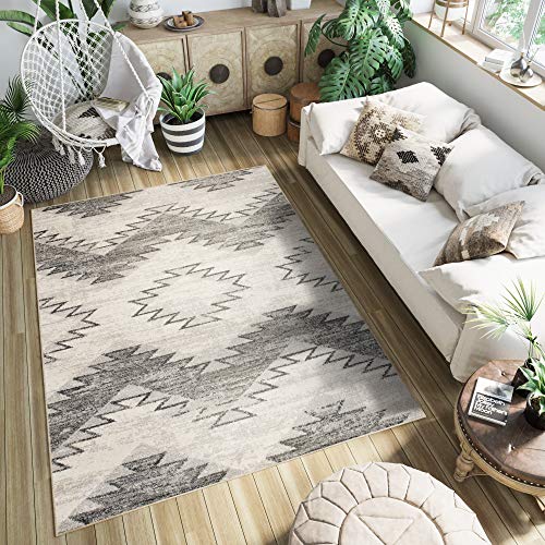 Tapiso Ethno Tapis Salon Chambre Jeunes Creme Gris Motif Ethnique Aztèque Géométrique Zigzags Moucheté Doux 300 x 400 cm.