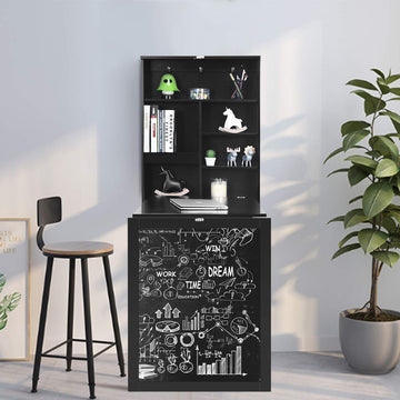 COSTWAY Table Murale Rabattable Pliable avec Etagère Intégrée et Tableau Noir en MDF 75 x 15,8 x 60,1CM Gain de Place Idéal pour Salon, Salle à Manger, Bureau (Noir)