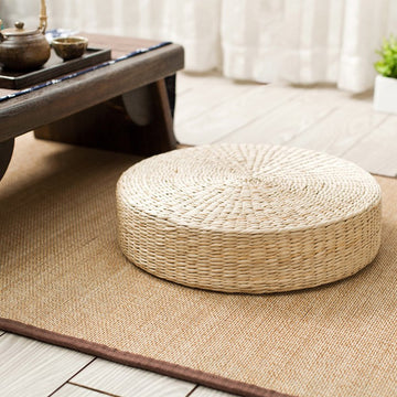 Tapis de pouf de sol, fabriqué à la main, respectueux de l'environnement, rembourré en paille tricotée