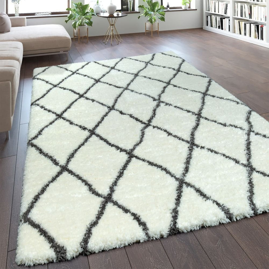 Paco Home Tapis Poils Hauts Moelleux Moderne Shaggy Style Flokati Motif Losange Crème, Dimension:160x230 cm