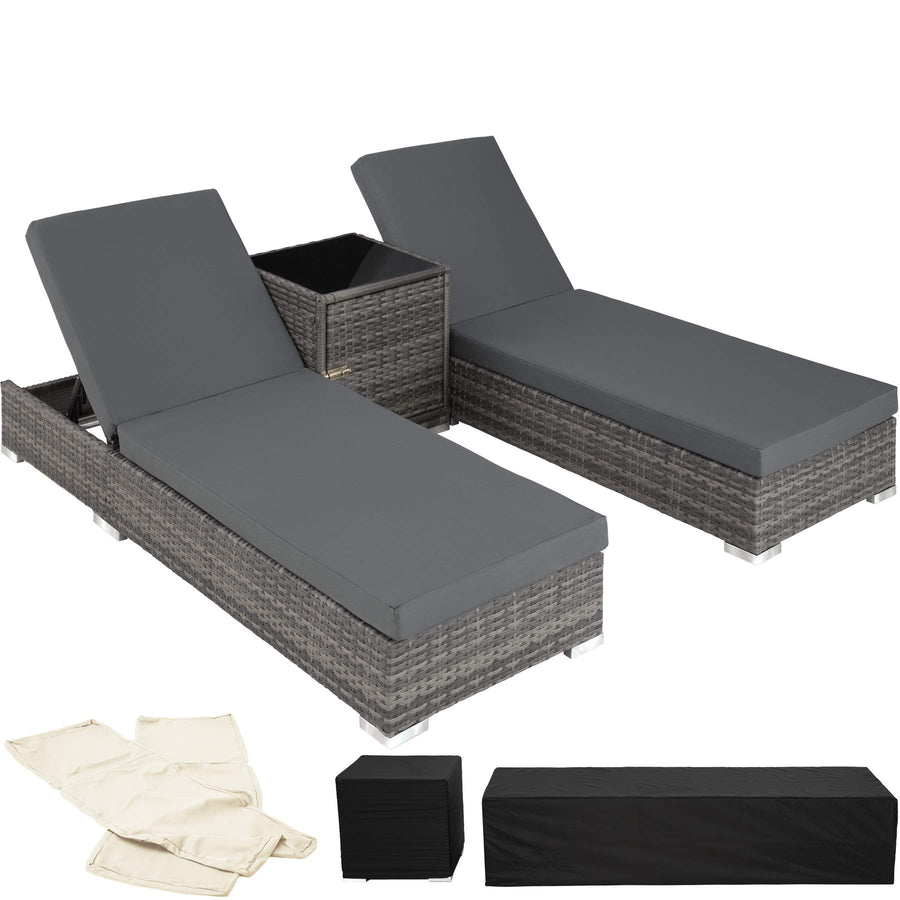 TecTake 403088 2X Chaise Longue Bain de Soleil + Table, en Aluminium et Résine Tressée + Deux Set de Housses + Housse de Protection, Gris