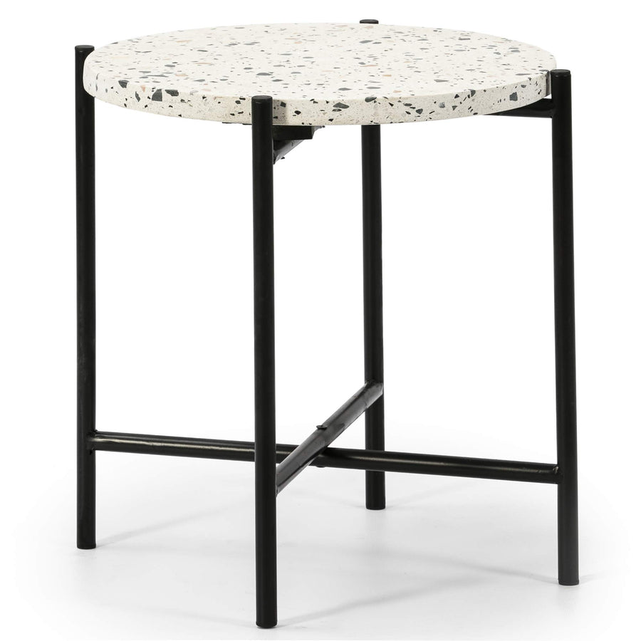 VS Venta-stock Table auxiliaire Table Basse Ronde Hanoi avec Plateau en terrazo Blanc et Pieds métalliques en Boir Mat/DIAMÈTRE: 41cm.