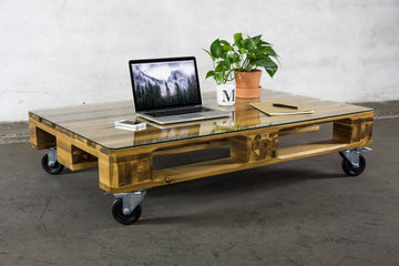 Ikone Table Basse en Bois d'acacia de Haute qualité avec Plateau en Verre et roulettes (Transparent)