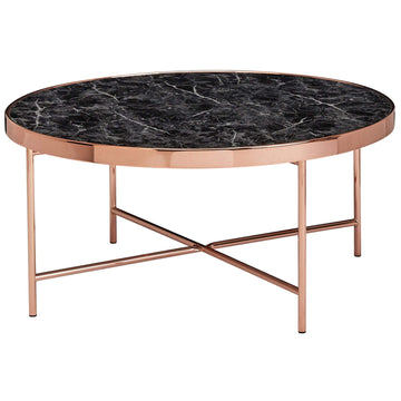 FineBuy Table Basse Rond 82,5 x 40 x 82,5 cm Apparence De Marbre Noir | Table d'appoint Conception Moderne | Table De Sofa Structure Métallique Cuivre | Table De Salon Grand Verre De Sécurité Acier