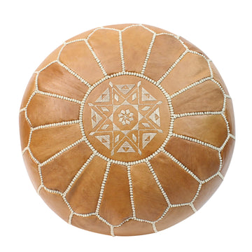 Pouf en Cuir Marocain Couleur Naturelle Repose-Pied Pouffe Rond Fait Main avec Motif Brodé Version Housse Non Rembourrée