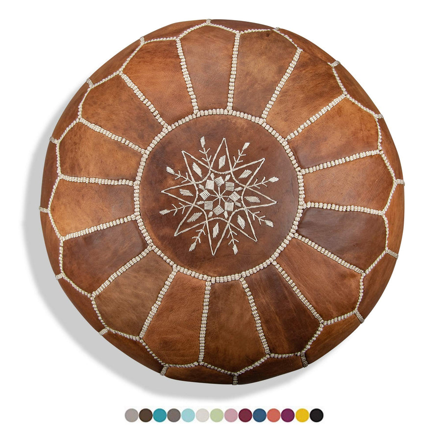 Handmade Genuine Leather Moroccan Artisan Pouffe - Sold Upholstered - Floor Cushion, Footstool, Footstool (Cognac)