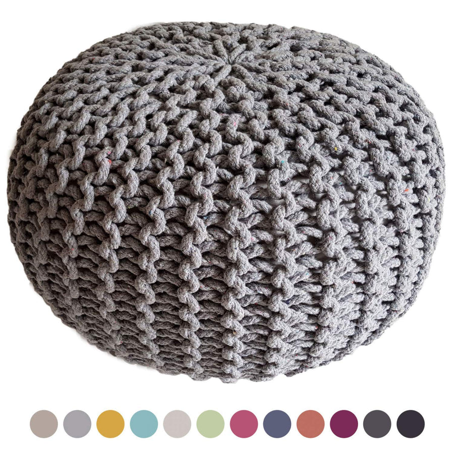 Casamia Pouf en tricot - rond - Diamètre 45 cm - Hauteur 30 cm - Siège style grosses mailles, Coton, gris clair, taille unique