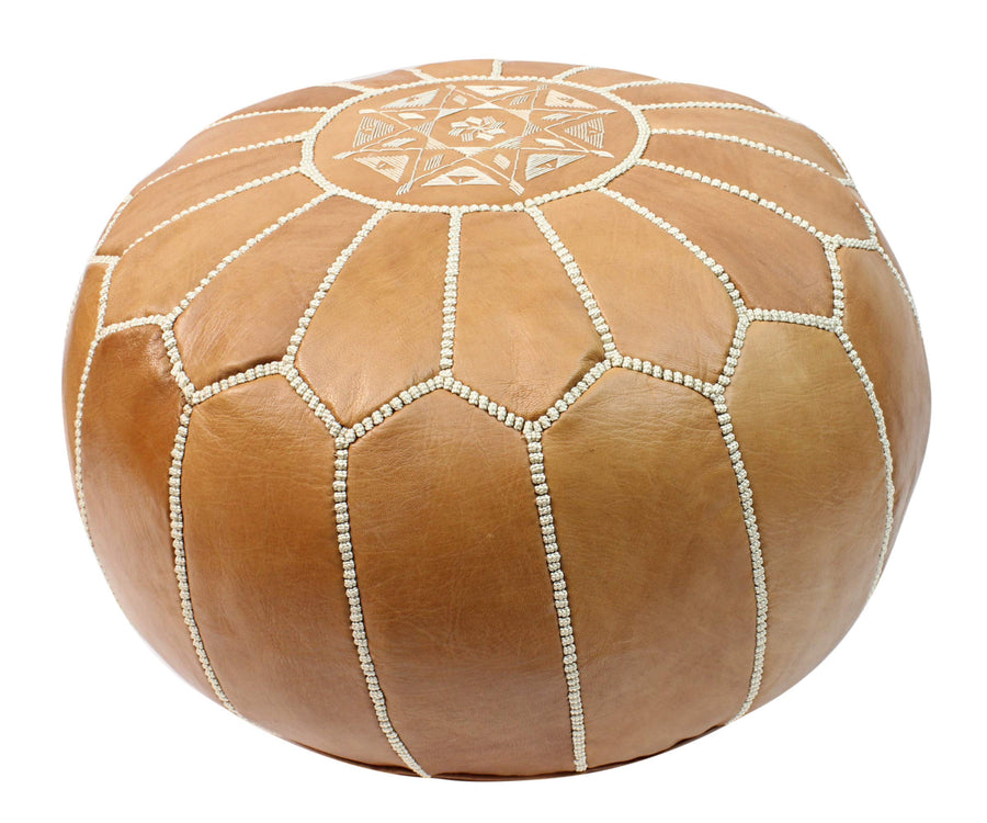 Pouf en Cuir Marocain Couleur Naturelle Repose-Pied Pouffe Rond Fait Main avec Motif Brodé Version Housse Non Rembourrée