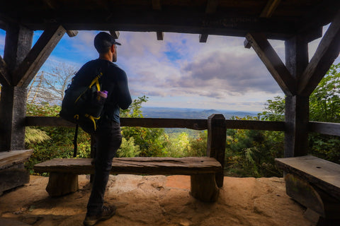 View from inside halfway shelter within table Rock State park South Carolina 